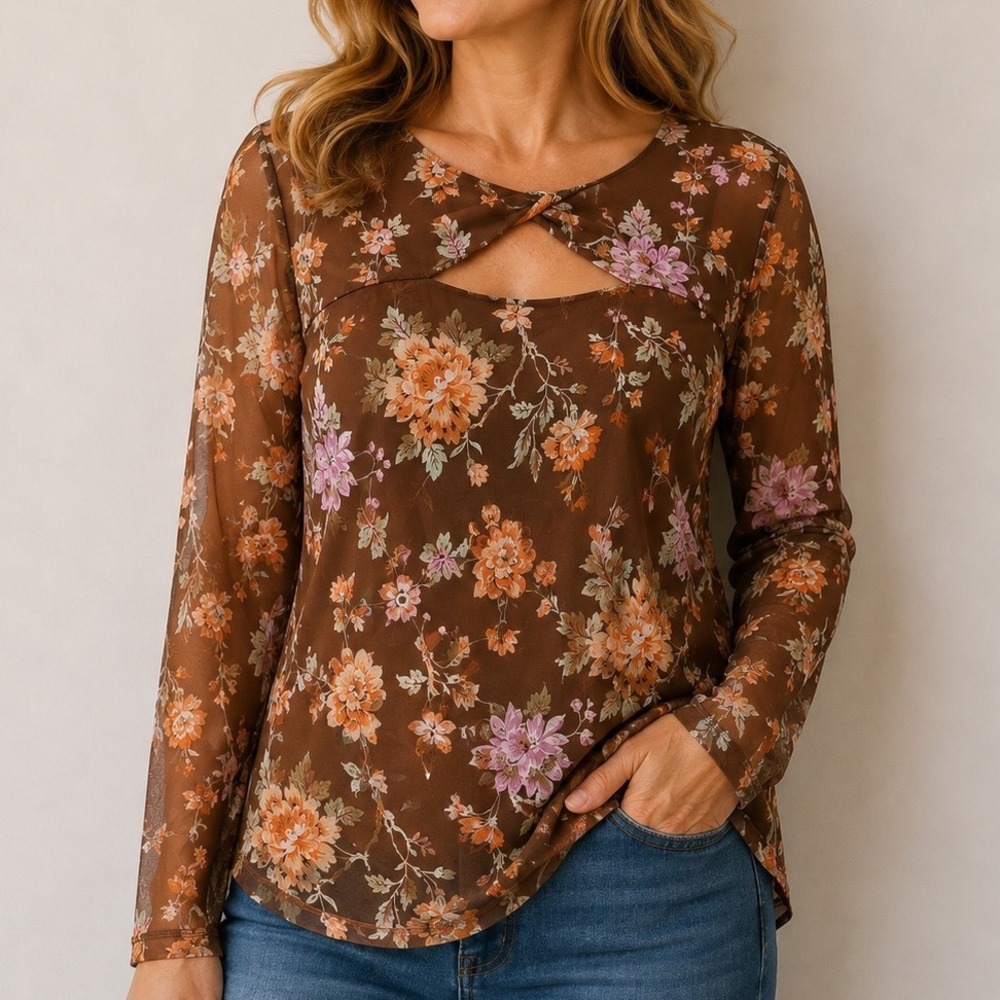 Brown Floral Cutout Top Small Long Sleeve Romantic Boho Cottagecore Y2K